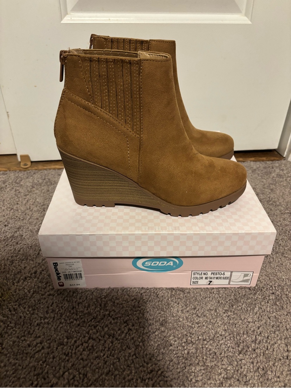 Soda Tan Suede-Look Wedge Ankle Boots